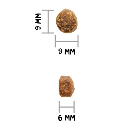 Peças de ração castanha com medidas 9 mm x 9 mm e 6 mm de largura