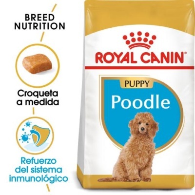 Embalagem de ração Royal Canin Puppy Poodle com imagem de poodle