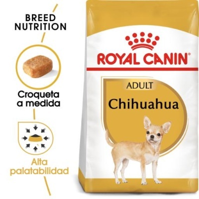 Embalagem de ração Royal Canin para Chihuahua adulto, com imagem do cão e texto no invólucro.