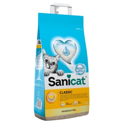 Embalagem de areia para gatos Sanicat Classic azul e amarela com gato cinzento e coração azul