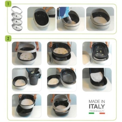 Utensílios de cozinha pretos e brancos para peneirar e lavar alimentos, texto MADE IN ITALY