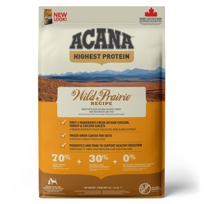 Saco de comida para cães ACANA Highest Protein Wild Prairie Recipe com texto e símbolos