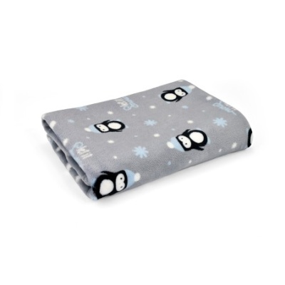 Cobertor cinzento com padrão de pinguins e flores azuis