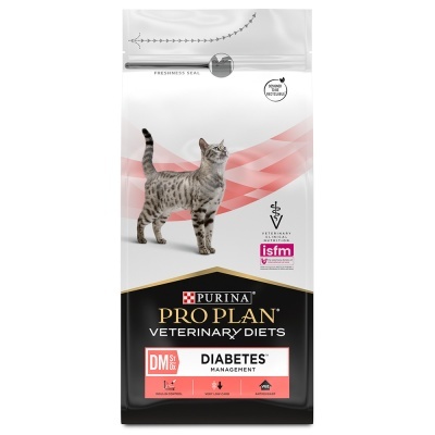 Pacote de ração para gatos Purina Pro Plan Veterinary Diets Diabetes Management com imagem de gato cinzento