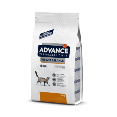 Embalagem branca de alimento para gatos Advance Veterinary Diets Weight Balance com imagem de gato