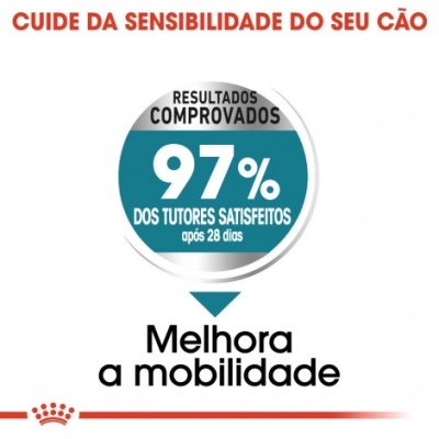 Texto promocional sobre sensibilidade e mobilidade do cão com estatísticas de satisfação