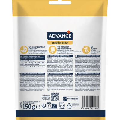pacote de snack para cães Advance Sensitive Snack com texto informativo e código de barras