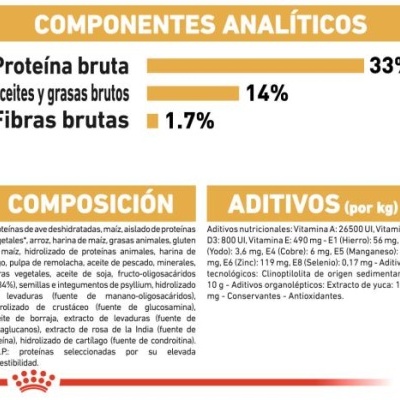 Etiqueta com tabela de componentes analíticos, composição e aditivos nutricionais em espanhol.