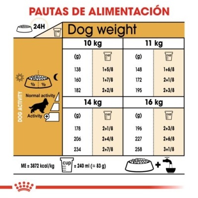 Tabela de pautas de alimentação para cães com diferentes pesos e níveis de atividade