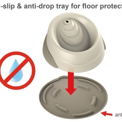 bandeja anti-derrapante e anti-queda para proteção do chão, com setas e símbolo de proibição de água