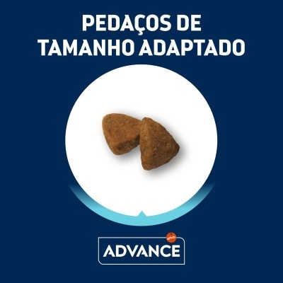 Dois pedaços de comida para animal em fundo azul com texto em português e logo Advance