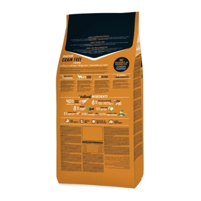 Saco de ração Ownat Grain Free Prime laranja e preto com detalhes e texto sobre ingredientes naturais e benefícios.