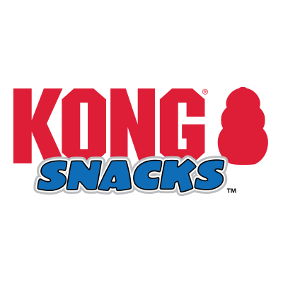 Logotipo KONG SNACKS com letras vermelhas e azuis e forma vermelha de brinquedo para cães