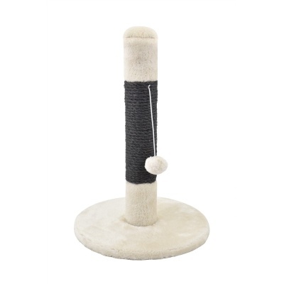 Arranhador para gatos com base redonda creme e poste preto com bola pendente