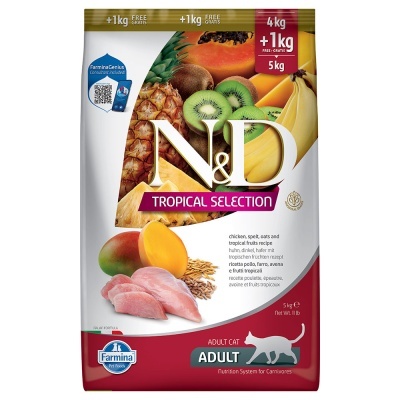 Embalagem de ração Farmina N&D Tropical Selection para gato adulto com frutas tropicais e frango.