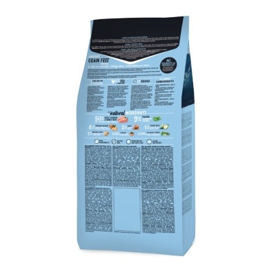 Saco azul de comida para gatos Ownat Grain Free Prime com texto informativo