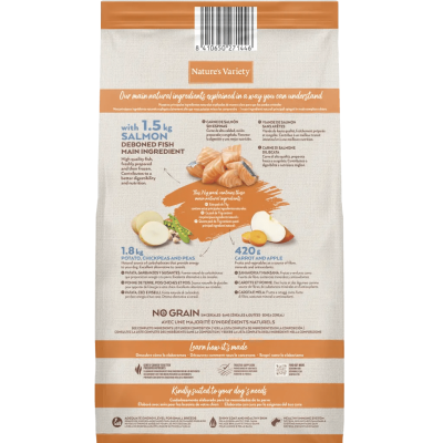 Parte traseira de saco de comida para animais Nature's Variety com texto e ingredientes principais