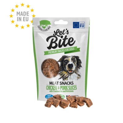 Saco de snacks de carne para cães Let's Bite com imagem de cão e texto