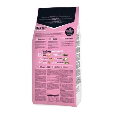 Embalagem de ração para animais de cor rosa e preto com texto e gráficos