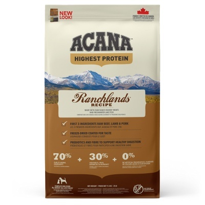 Saco de ração ACANA Ranchlands Recipe com design castanho e creme e montanhas ao fundo