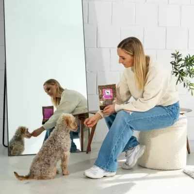 Mulher sentada com cão de pêlo encaracolado em espaço interior minimalista com parede branca e espelho