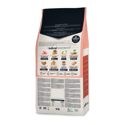 Saco de comida para animais com descrição dos ingredientes naturais e peso de 12 kg