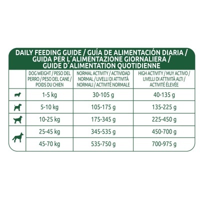 Tabela com guia diário de alimentação para cães por peso e nível de atividade