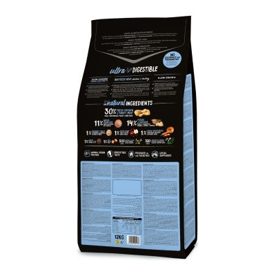 Embalagem preta de 12 kg de alimento para animais com texto sobre ingredientes naturais e propriedades ultra digeríveis.