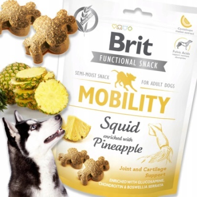 Embalagem de snacks para cães Brit Mobility sabor Lula com Ananás e cão Husky olhando