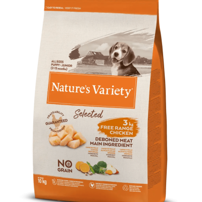 Saco de ração para cães Nature's Variety Selected laranja e branco com imagem de cão e texto em inglês.