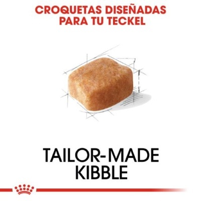 Croquete quadrado castanho com texto em espanhol e inglês sobre fundo branco