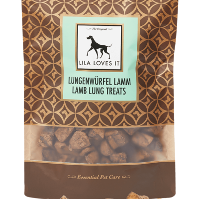 Pacote de guloseimas para cães LILA LOVES IT Lamb Lung Treats com pedaços do produto visíveis