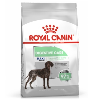 Saco branco de ração Royal Canin Digestive Care Maxi para cães com imagem de cão castanho.