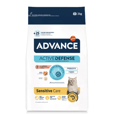 Ração para gato ADVANCE Active Defense Sensitive Care 3 kg com imagem de gato cinzento