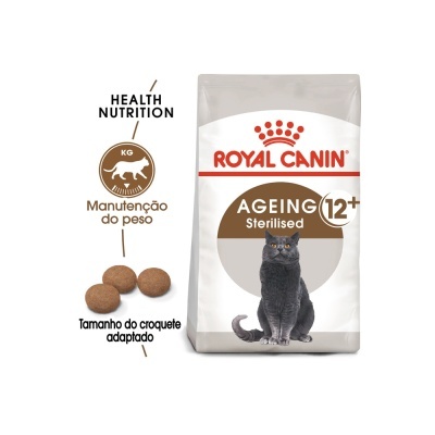 Saco de ração Royal Canin Ageing 12+ Sterilised com gato cinza e croquetes marrons