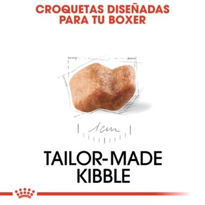 Croquete de ração para cão, medido a 1 cm, texto em espanhol e inglês, fundo branco.