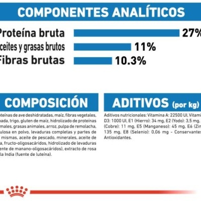 Tabela nutricional e composição de alimento com texto em espanhol e português em fundo branco e azul