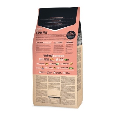 Pacote de ração grain free rosa e preto com texto e ícones coloridos, fundo bege e preto.