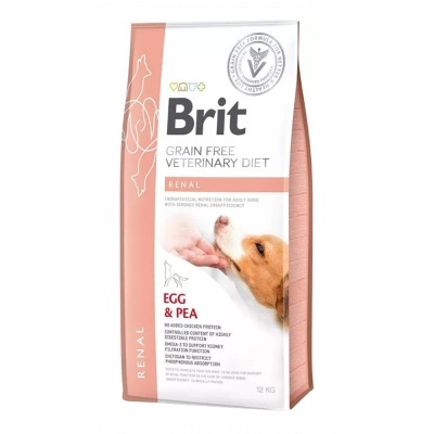 Saco de ração para cães Brit Grain Free Veterinary Diet Renal branco e rosa com imagem de cão.