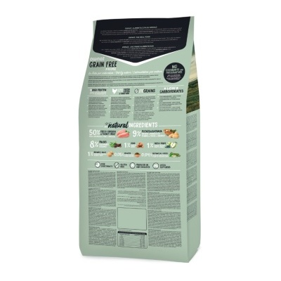 Embalagem de ração Ownat Grain Free Prime verde e preta com ingredientes naturais e texto informativo