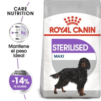 Embalagem de ração Royal Canin Sterilised Maxi para cães com imagem de cachorro preto