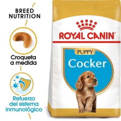 Embalagem de ração Royal Canin Puppy Cocker com filhote de cão e ícones informativos