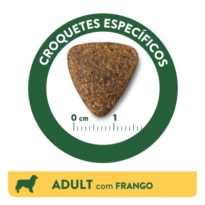 Croquete castanho com escala e texto ADULT com FRANGO para cão adulto