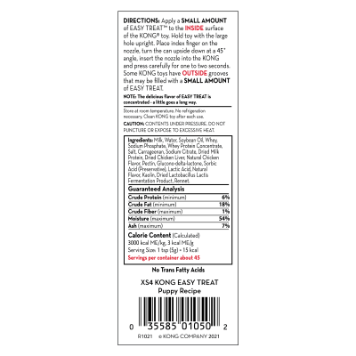 Etiqueta com instruções e informação nutricional do produto XS4 KONG EASY TREAT Puppy Recipe