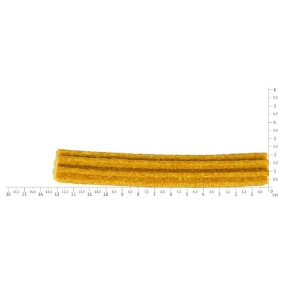 Palito amarelo liso sobre régua branca para medição.