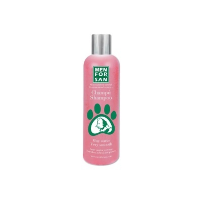 Frasco rosa de champô para animais MEN FOR SAN com tampa prateada e texto em verde e branco