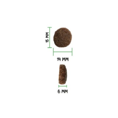 Ração animal castanha circular com medidas 15x14x6 mm