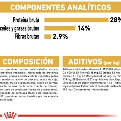 Tabela de componentes analíticos, composição e aditivos de produto em espanhol