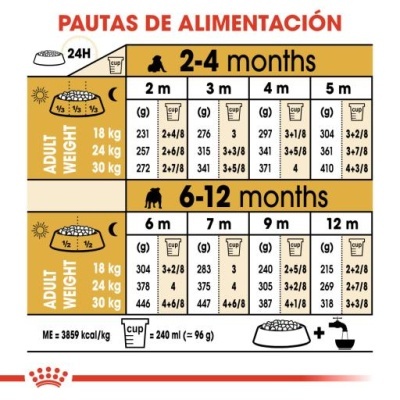 Tabela de alimentação para cães com idades e pesos diferentes, quantidades em gramas e copos