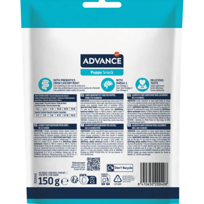 Embalagem branca e azul de ração para cachorros ADVANCE Puppy Snack 150 g